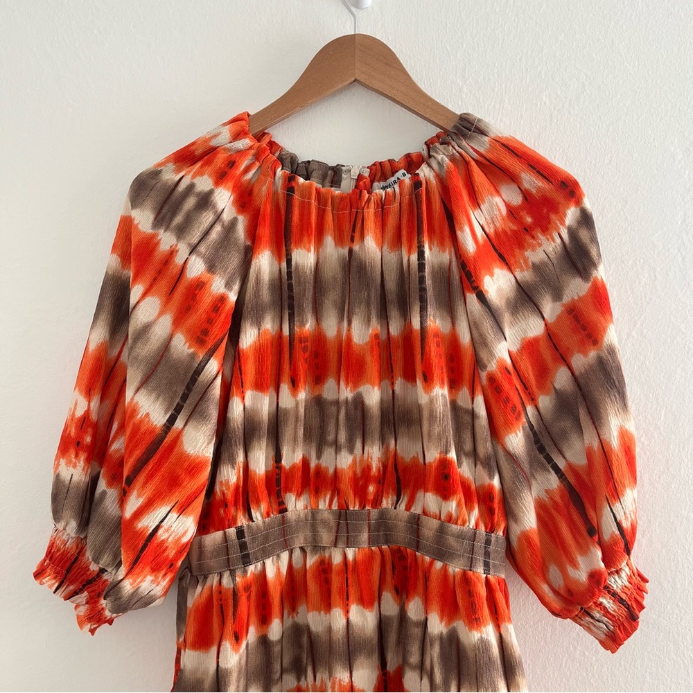 Yakira Bella Dress Tiered Ruffle Hem Size S Orange Tie Dye Boho Balloon Sleeve - Picture 2 of 11